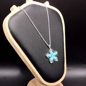 925 Silver Necklace W/ Turquoise Flower White CZ Statement Boho Woman's Gift